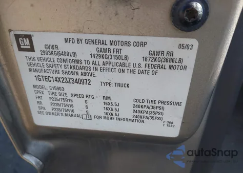 2003 GMC Sierra 1500 Work Truck z USA, uszkodzony, nr VIN 1GTEC14X23Z340972